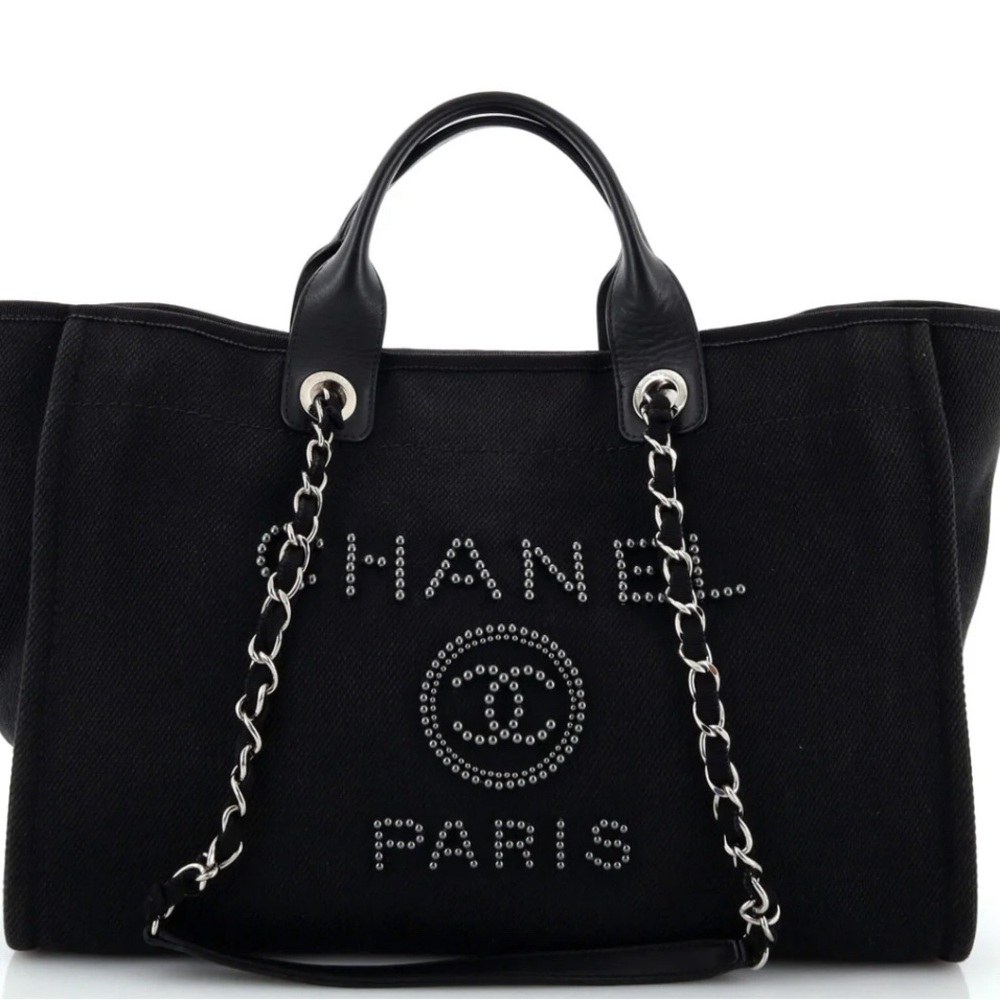 CHANEL Deauville Tote Pearl Embellished Canvas Medium